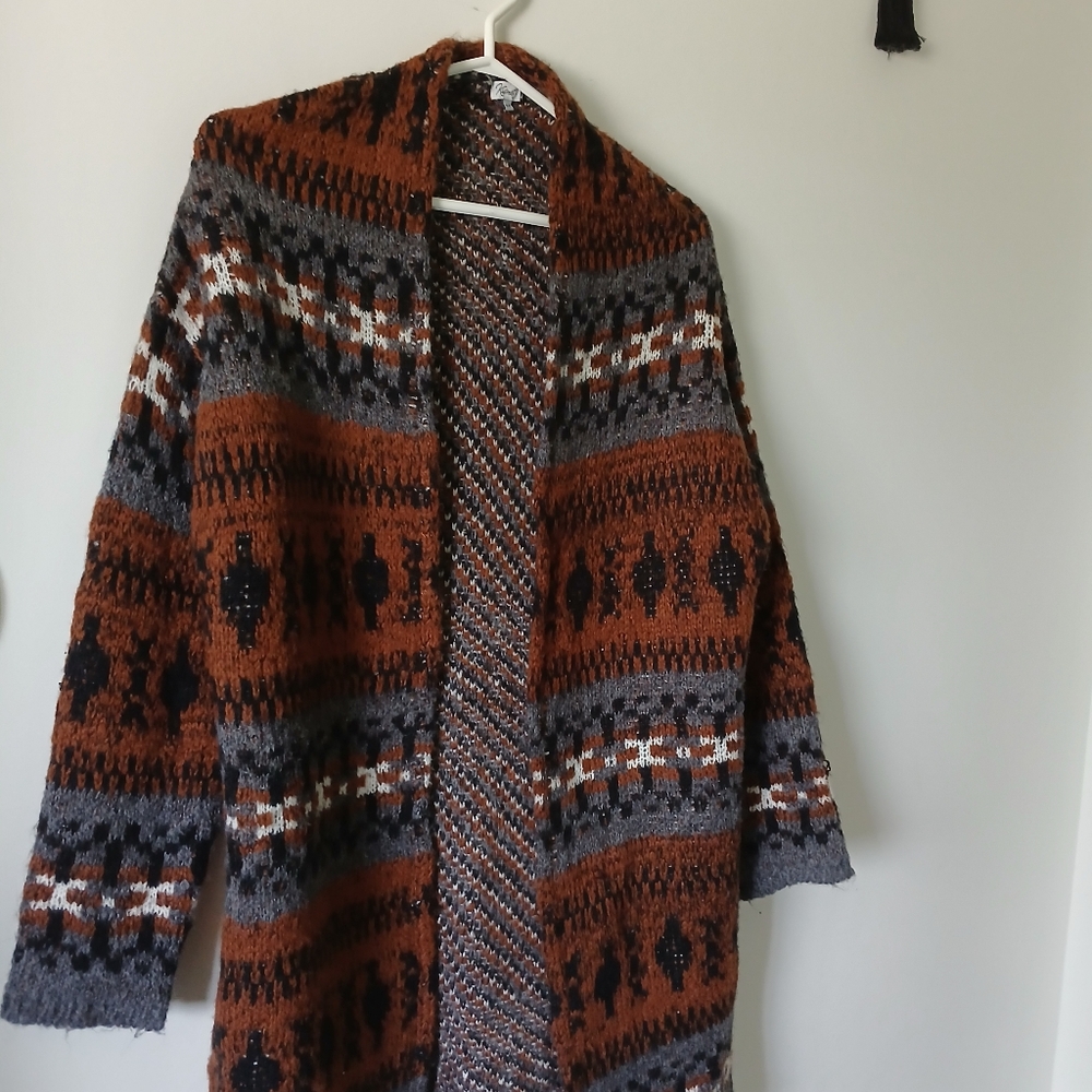 Aztec Style Acrylic Open Cardigan With Pockets - Picture 5 of 14